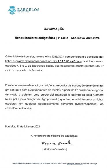 Fichas Escolares Obrigatórias. 1º ciclo/ Ano lectivo 2023/2024
