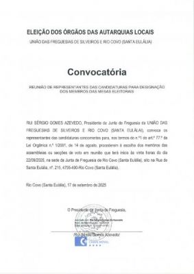Convocatória para a Reunião dos Representantes das Candidaturas para a Designação dos Membros das Mesas Eleitorais